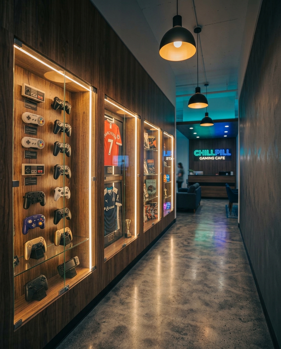 Display wall of controllers and gaming memorabilia